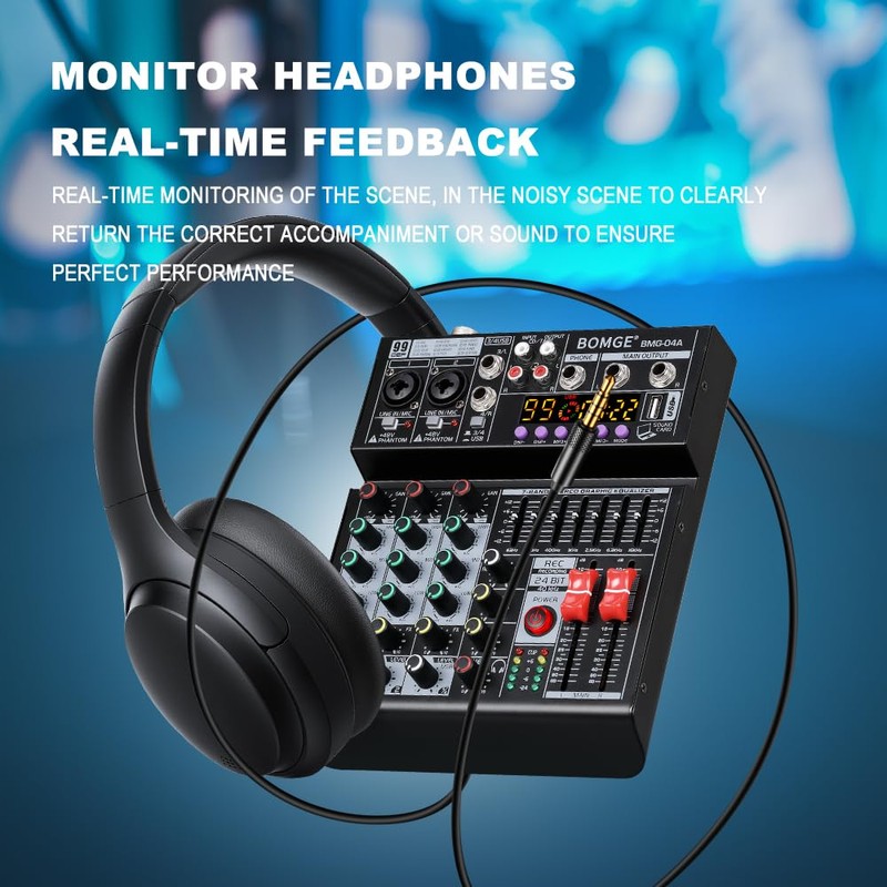 BOMGE 04A Audio Mixer,Professional Sound Board Mixing Console with USB/Bluetooth/Computer/4