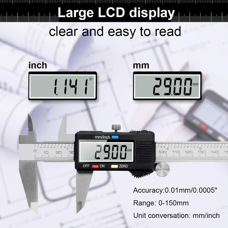 Caliper Measuring Tool, Qfun Vernier Digital Caliper Stainless Steel 6