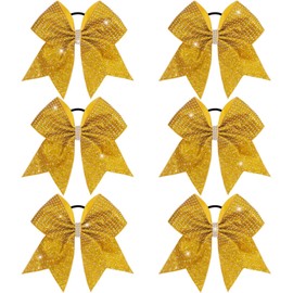 OAOLEER 6PCS Glitter Cheer Hair Bows for Cheerleading, Shiny Rhinestones Large Jumbo Cheer Bow with Ponytail Holder for Teen Girls Cheerleader (Gold)