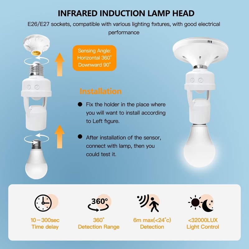 HaeKap Motion Sensor Light Socket Adapter for E26/E27 Bulbs -
