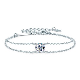 Moissanite Bracelets Valentines Day Gifts for Women, 14K White Gold Plated 925 Sterling Silver Women Bracelet , Fine Jewelry Anniversary Birthday Gifts for Mom Wife (1ct Solitaire- Double Chain)
