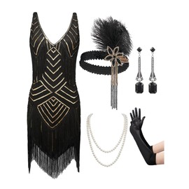 SWEETV Flapper Dresses 1920s,Great Gatsby Dresses for Women 1920 Dresses For Women Roaring 20s Costumes With 20s Accessories Set Cocktail Party Dress For Harlem Nights,Black Gold,Small