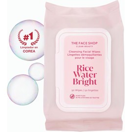 The Face Shop Rice Water Bright - Toallitas Desmaquillantes Faciales Coreanas con Agua de Arroz Limpieza Rápida Multiusos K-Beauty para Remover Maquillaje, Rímel y Grasa de Rostro y Ojos Sensibles Paquete de 50 Piezas