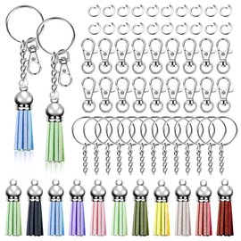 Swpeet 140Pcs Silver Keychain Tassles Kit, Bulk Keychain Rings Set, Key Chain Rings Bulk, Include 35Pcs Keychain Rings, 35Pcs Keychain Tassles, 35Pcs Lobster Clasps and 35Pcs Jump Rings