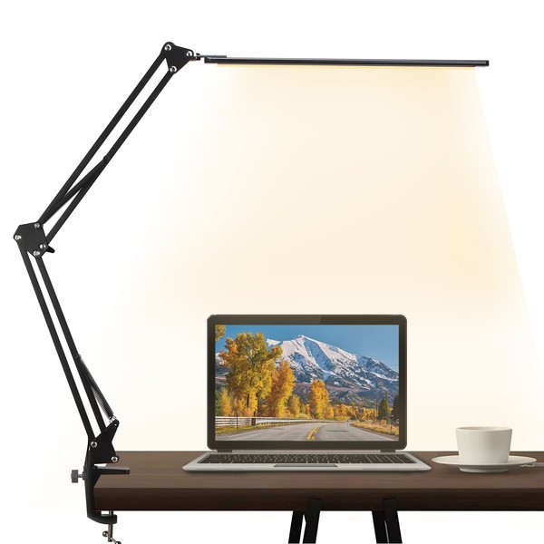 brightower Desk Light LED Desk Lamp Aluminum Tabletop Eye Care Energy Saving, Clamp Included, Dimmable Lamp for Reading and Learning Work Light with USB Port, 3 Lighting Modes with 10 Brightness Levels, 12W