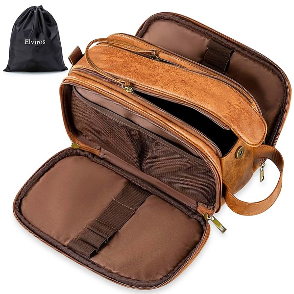 Water-Resistant Leather Toiletry Bag for Men, Women Large Travel Wash Bag Shaving Dopp Kit Bathroom Gym Toiletries Makeup Organizer with Free Wet Dry Bag (Brown)