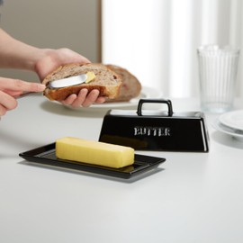 Butter Dish with Lid for Countertop, by Kook, Ceramic Butter Dish, Butter Tray with Cover, Kitchen Butter Keeper, Butter Container, Butter Holder, Holds 1 Stick, Microwave and Dishwasher Safe, Black