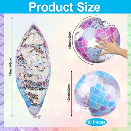 10Pcs Mermaid Beach Ball 16" Glitter Beach Balls Inflatable Confetti Sports Beach Balls Floatable Sequin Beachballs Giant Clear Beach Ball Jumbo Mermaid Pool Toys Summer Water Fun Swimming Party