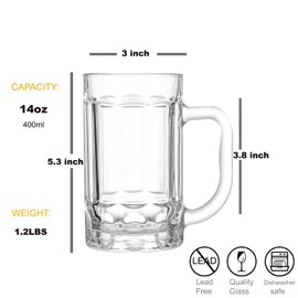 COKTIK 2 Pack Heavy Large Beer Glasses with Handle - 14 Ounce Glass Steins, Classic Beer Mug glasses Set