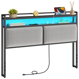 HOOBRO Queen Size Upholstered Headboard, Storage Headboard with Charging Station and Adjustable LED Lights, 2 Standard Outlets and 2 USB Ports, Queen Headboard Only, Easy Assembly, Black and Gray