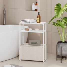 Leomonio Narrow Side Table, Slim End Tables with Fabric Basket, Skinny Table for Small Spaces, Thin Bedside Table for Living Room, Bedroom (1, White + Camel Brown)