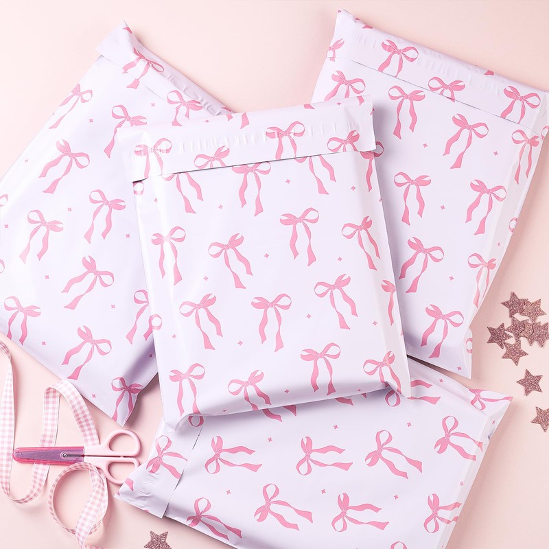 RUSPEPA 100 Pcs Pink Bow Poly Mailer, Coquette Bowknot Waterproof