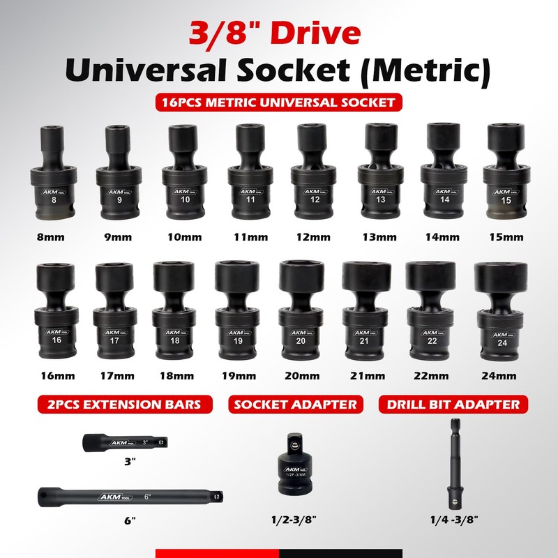 AKM TOOL 3/8" Drive Universal Impact Socket Set, 20 Piece