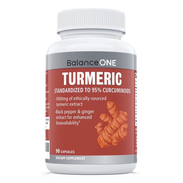 Balance ONE Turmeric Extract 1000mg Ethically Sourced Turmeric Curcumin, Standardized to 95% Curcuminoids - Ginger Extract and BioPerine - Vegan, Non-GMO - 30 Day Supply