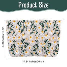 QFGasre Daisy Embroidery Makeup Pouch Cute Canvas Floral Cosmetic Bag Zipper Cosmetic Pouch Portable Make Up Organizer Purse for Women Travel Toiletry