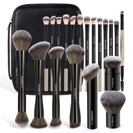 MAANGE 20 PCS Makeup Brush Set with Bag, Double-ended Kabuki Brush Foundation Contour Brush for Liquid Powder Concealer Eye Shadows Cream Cosmetics Blending Blush Face Makeup Tools with Case (Black)