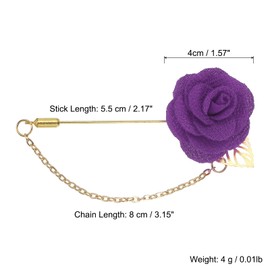 sourcing map Lapel Pin for Men, Size: 1.57 inch Cloth Alloy Rose Flower Pin Suit Lapel Stick with Gold Leaf & Trim/Tassel Chain Brooch for Bridegroom Wedding 1 Count Purple