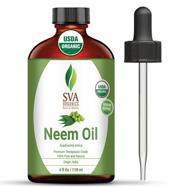 SVA Organics USDA Certified Neem Oil 4 Oz | Very Strong & Herbal Aroma |100% Pure, Dark & Unrefined, Skin & Hair, Surface Hygiene, Ayurvedic Body Massages, Overall Wellness.