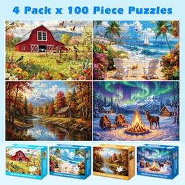 4-Pack 100 Piece Puzzle, Four Seasons Scenery 100 Piece Puzzles for Adults Seniors, Nature Landscape Large Piece Jigsaw Puzzles for Seniors Adults Educational Jigsaw Puzzles 100 Pieces (15x10 in)