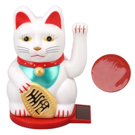 Solar Energy Powered Wealth Welcoming Cat with Waving Arm 6 Inch Lucky Money Cat Decoration for Home Car Office White