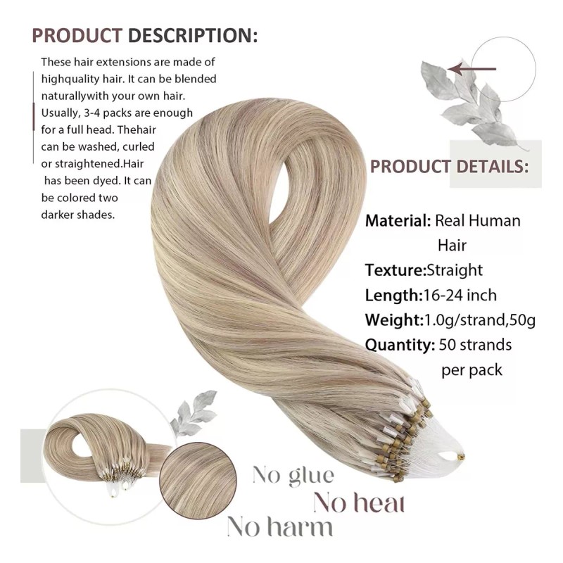 Moresoo Extensiones Cabello Real 50gr 14in #18 Rubio Cenizo Mixed