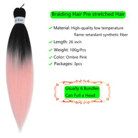 Ombre Pink Braiding Hair Pre Stretched,Easy Braid Top Kanekalon Synthetic Pre Stretched Braiding Hair Extensions,Yaki Texture Crochet Hair Braids(26inch 3Pcs).