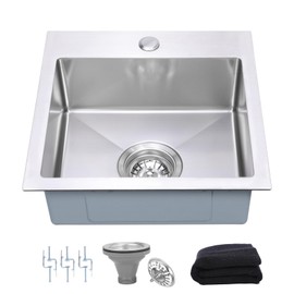 Beleeb 15 Inch Drop In Bar Sink，18-Gauge Small Kitchen Sink Stainless Steel with 3D Embossed Texture，Single Bowl Square Design