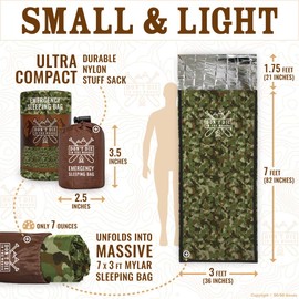 Don’t Die in The Woods - Survival Bivy - Emergency Sleeping Bag with Hood - Made with Extra-Thick Space Blanket Thermal Mylar - One of The 10 Essentials for Hiking, Camping, First Aid Kits (Camo)