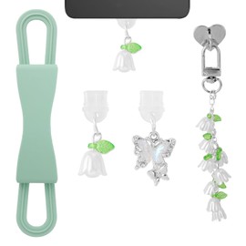 Sinbana 4pcs E-Readers Charms Set Compatible with Kindle and Other 4-8 Inch Electronic Device, Include 1 Hand Strap Holder 2 Dust Plug 1 Bell Flower Charm Chain for USB Type C Phone Accessories