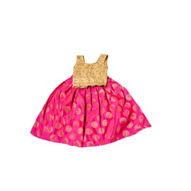 TRADITION INDIA Golden Net & Pink Brocade Silk Kids Lehenga Choli, Girls Sleeveless Lehenga Choli Set, Pattu Pavadai, Kids Ethnic Wear 1 to 2 Years