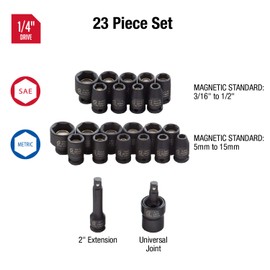 SUNEX TOOLS 1818 1/4-Inch Drive Magnetic Fractional and Metric Impact Socket Set, Inch/Metric, Standard, 6-Point, Cr-Mo, 3/16-Inch - 1/2-Inch, 5mm - 15mm, 23-Piece