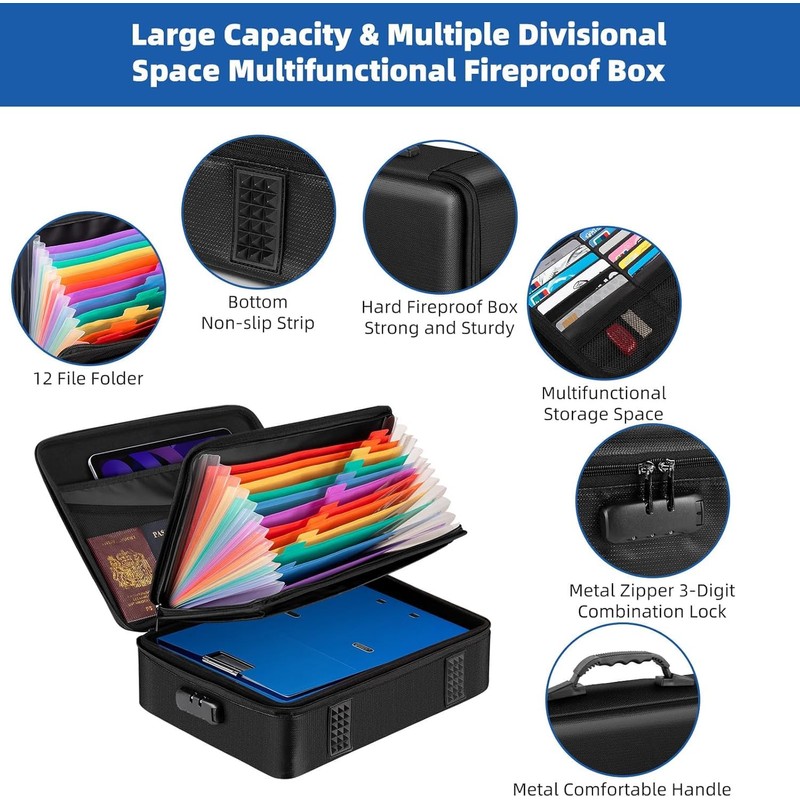 File Organizer, Hard Case Fireproof Document Box with Lock, Hard-Shell