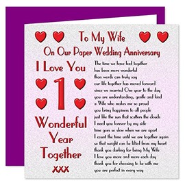 My Wife 1st Wedding Anniversary Card - On Our Paper Anniversary - 1 Year - Sentimental Verse I Love You