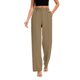 FUNYYZO Long Dress Pants Women High Waisted Work Pants Dressy Casual Straight Leg Elastic Waist Trousers Khaki