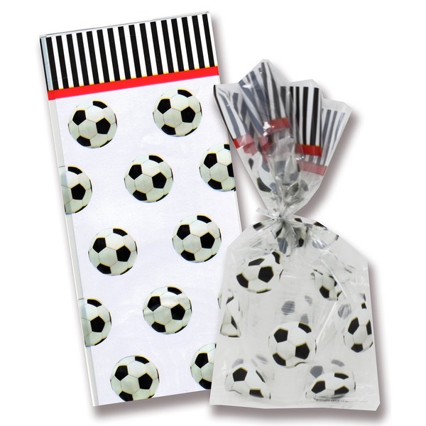 AoneFun Soccer Cellophane Party Favor Bags with Red Twist Ties - Sports Party Loot Bags - Treat Goody Bags - Treat Sacks - Set of 8 Bags