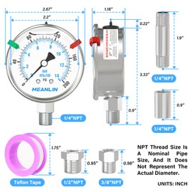 MEANLIN MEASURE 0~200Psi Heater Heavy Liquid Filled Pressure Gauge 1/4" NPT 2.5" FACE DIAL 316 Stainless Steel Joint Lower Mount for Pressure Portable Oil Fired Heaters, with Hex Bushing