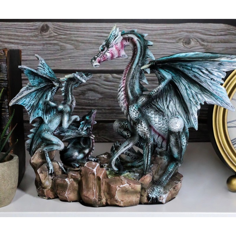Family Set of Midnight Storm Dragon Statue 8" Height Fantasy