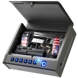 Grimtron 8.2 lb Heavy-Duty Biometric Gun Safe for Handgun – Quick Access Pistol Safe with 100 Fingerprints, Backlit Keypad & Backup Keys – Gun Lock Box for Nightstand, Bedside, Car & Truck Use