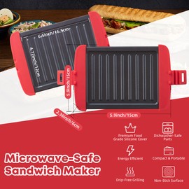 Microwave Sandwich Maker, Microwave Toastie Maker, Snack Maker & Panini Press, Microwavable Metal, Removable Non-Stick Plates, Silicone Microwavable Cookware, Dishwasher Safe, Red