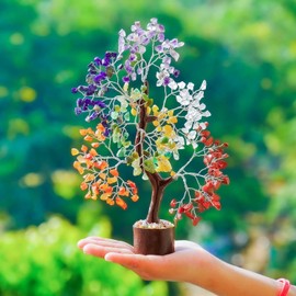 Crystal Chakra Tree for Reiki Healing - Premium Meditation Decor - Seven Chakra Tree Wrapped On Silver Wires - Feng Shui Bonsai Money Tree of Life Decor Home Office Crystal Gifts