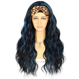 Sapphirewigs Headband Wig Highlight Wavy Synthetic Wig for Women Black Blue Glueless Wig Daily Wear Cosplay Headband Wigs 150% Density 66 cm