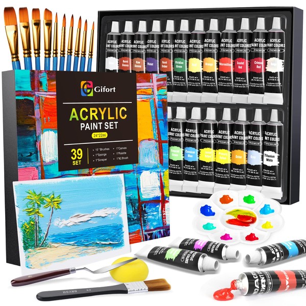 Gifort Acrylic Paint Set, Acrylic Paint Set, 24 x 22 ml with 10 Brushes + 2 Canvas + 1 Palette, Brilliant Colours, Safe for Children, for Paper, Rock, Wood, Ceramics