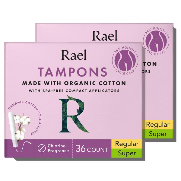 Rael Tampons, Compact Applicator Tampon Made with Organic Cotton - Tampons Multipack, Regular and Super Absorbency, BPA-Free, Chlorine Free, Leak Locker Technology (72 Count, Bundle)