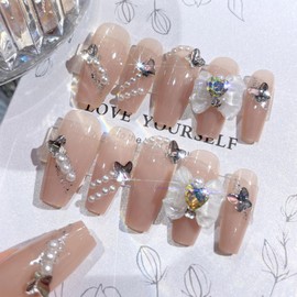XUZOO 24 Pieces Nail Tips, 3D Nails, Short and Long, Cute, Floral Pattern, Stylish, Popular, False Nail Tip, Simple, Nail Sticker, Nail Tool, Double Sided Tape Included (Crystal Heart and Butterfly)