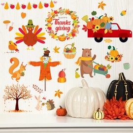 77 Pieces Fall Thanksgiving Wall Stickers Maple Leaves Wall Decals Autumn Pumpkin Window Clings Orange Truck turkey Squirrel Wall Art Decor for Thanksgiving Fall Party Home Office Decoration