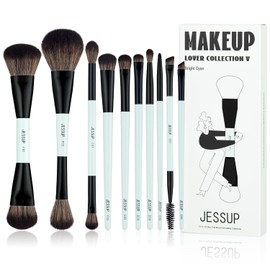 Jessup Juego de Brochas de Maquillaje 10pcs Brochas Maquillaje de Doble Punta para Base,Contorno,Rubor, Mezcla,Sombra de Ojos,Delineador de Ojos, Pincele Corrector de Cejas,Cian Brillante T500