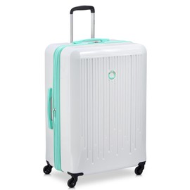 DELSEY PARIS Christine Expandable Luggage, fashionable and Unique, Glossy Exterior with 360 Spinner Wheels, Lockable Telescoping Handle, Men and Women, White with Teal Trim, Large Check-In 28-Inch