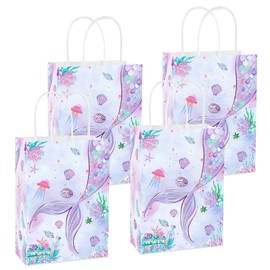 12 PCS Mermaid Party Favor Gift Bags with Handles Under the Sea Small Goodie Candy Bags Little Mermaid Birthday Party Supplies Ocean Baby Shower Decorations