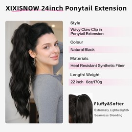 XIXISNOW Clip On Ponytail Extension for Women 22'' Fluffy Layered Wavy Fake Ponytail with Claw Clip Hairpiece Heat Resistant Synthetic Hair Extensions Wedding Party Daily Use(Natural Black, 6OZ)