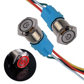 JIQI 2 x 16 mm latching pressure switch, metal, 12 V to 24 V, 3 A, latching on/off switch with red LED symbol, IP66, 1NO1NC, self-locking waterproof pre-wired push button for boat, truck, RV, car